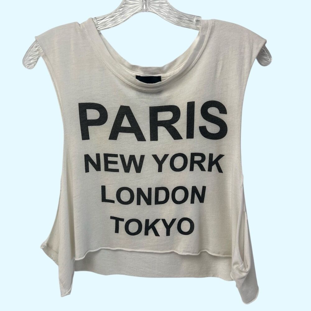 BLQ.MKT Paris New York London Tokyo Muscle Tank Top — White Graphic Travel Tee